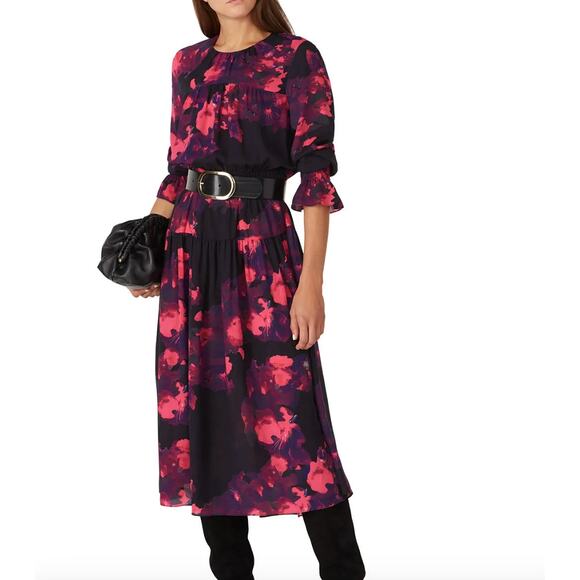 Victor Alfaro Dress Womens Large Pink Black Floral Peasant Midi Crepe - Picture 1 of 11